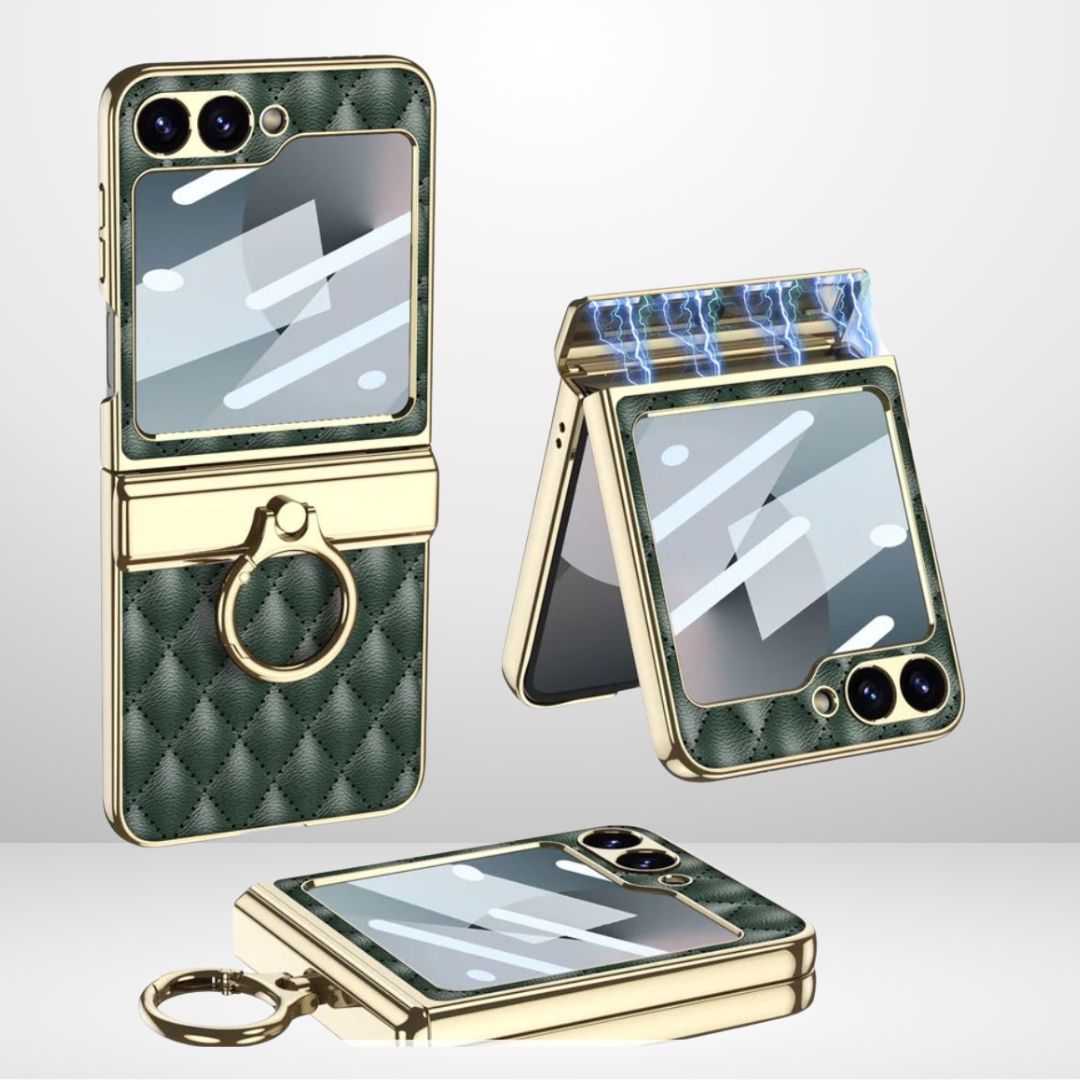 GKK Cushion Leather Case with Magnetic Hinge, Ring Holder & Back Screen Glass for the Samsung Galaxy Z Flip 6