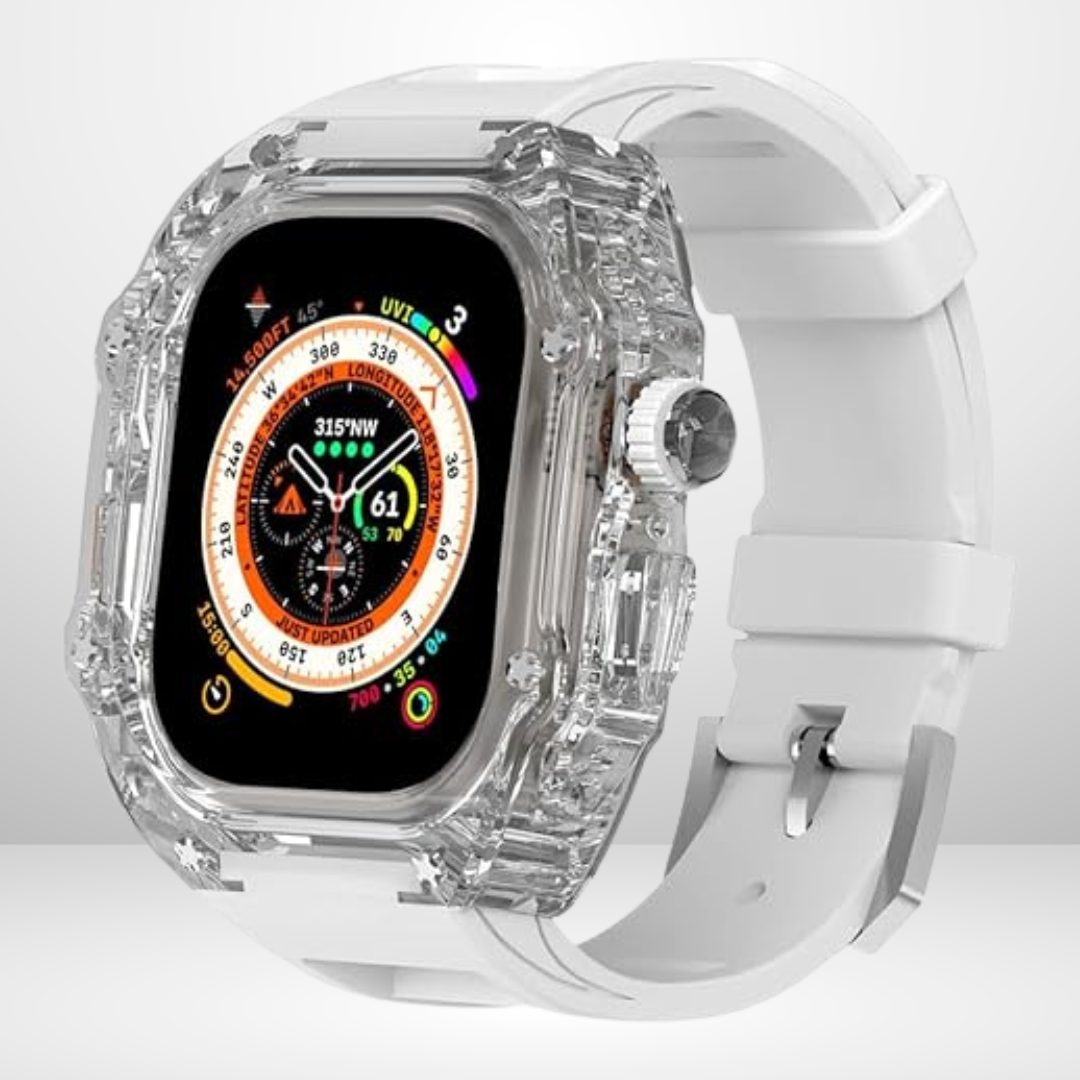 Glacier Silicone Strap with Transparent Watchcase Modification Kit for iWatch 44/45 MM (White)