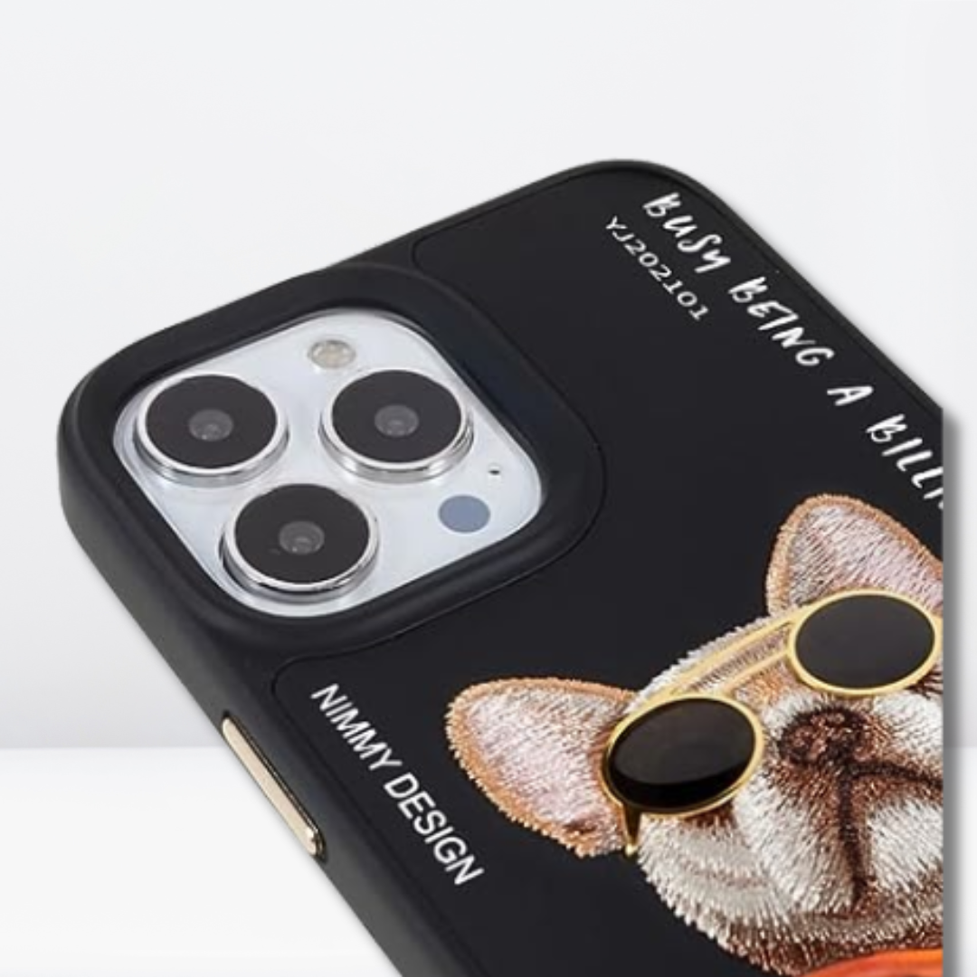Nimmy 3D Pug Leather Mobile Case for iPhone 13/14 Pro (Black)