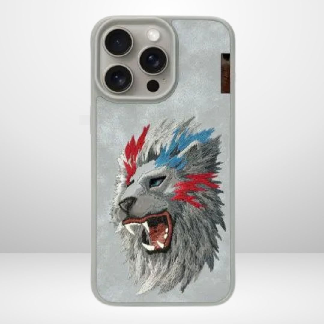 Nimmy (Dazzling Series) Luxury Faux Leather Back Case for iPhone 15/Pro/Pro Max (LION Grey )