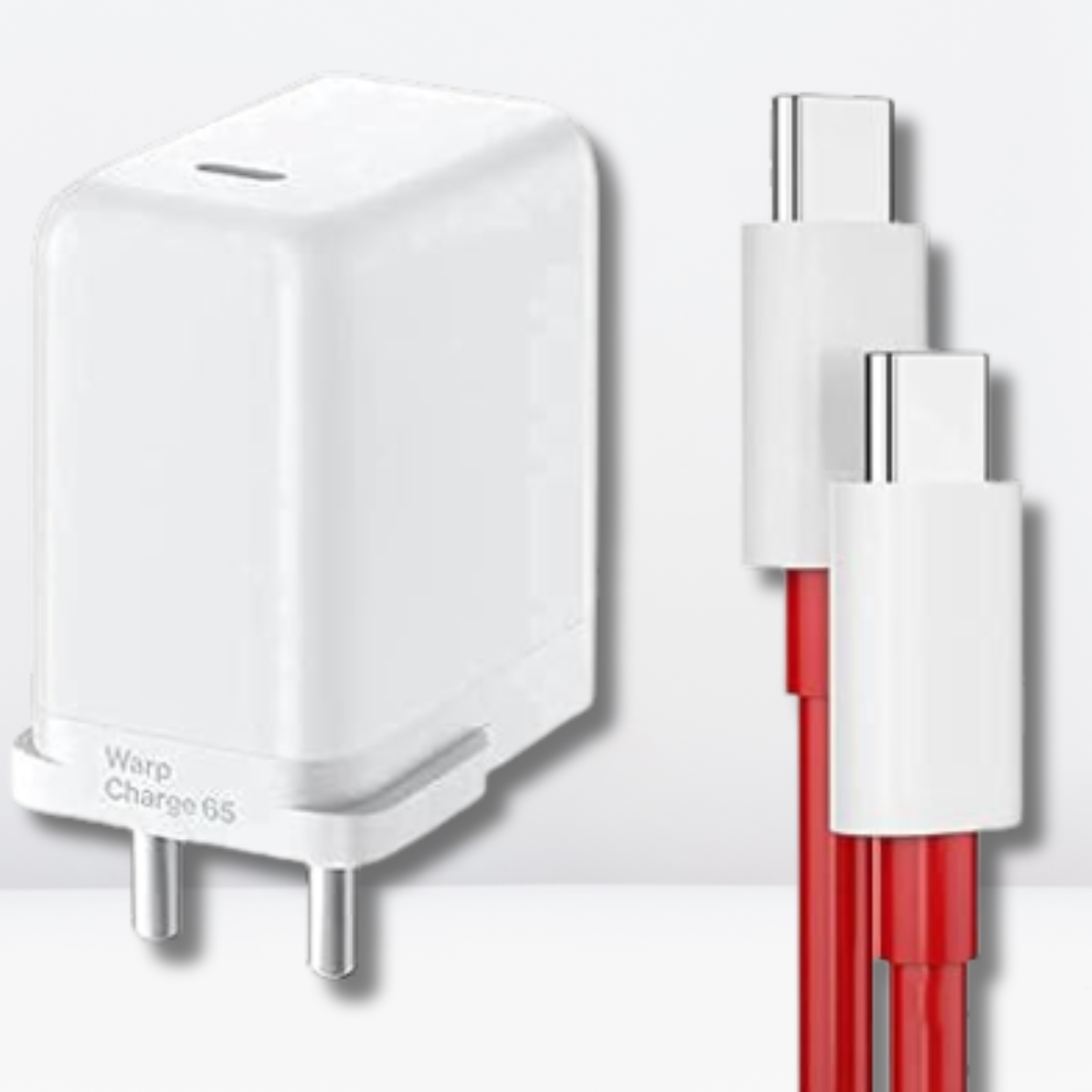 One-Plus 65W Warp Fast Charger with C to C Cable.