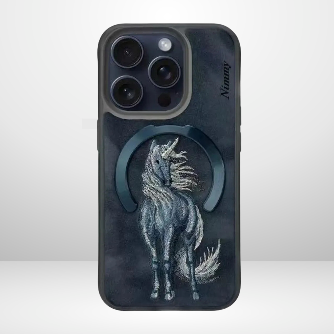 Premium 3D Embroidered Fantasy Animal Series Leather MagSafe Case for iPhone 15 Series( Unicorn)