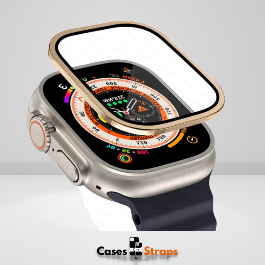 Premium Metal Frame With Tempered Glass For iWatch 49 MM Gold Color