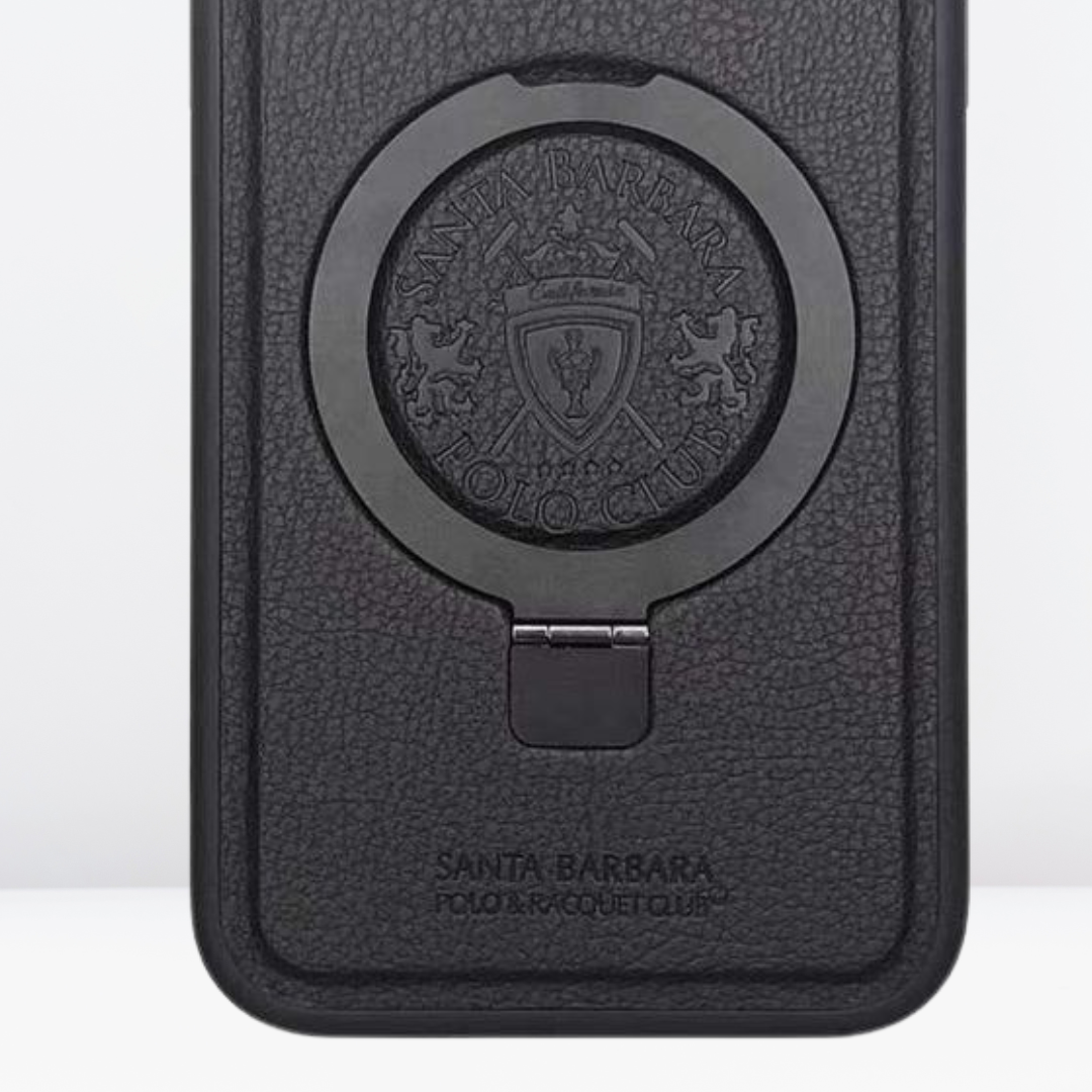 Premium SB Polo Primo Leather iPhone Case with Metal Stand for iPhone15 series (BLACK)