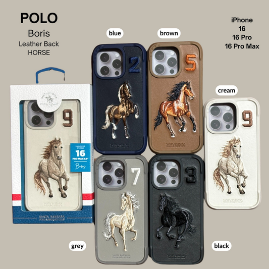 US POLO Leather Boris Horse Series Case for iPhone 16 Series ( Black)