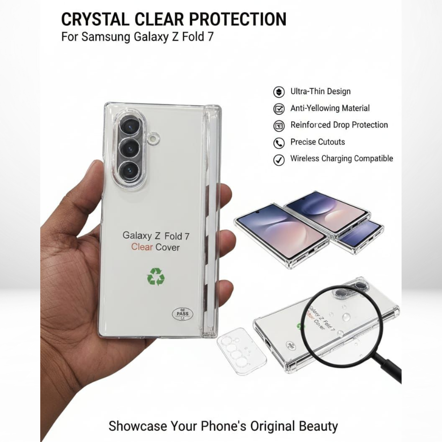 Samsung Galaxy Z Fold7 Anti-Yellow Transparent Case with Hinge & Front Tempered Glass