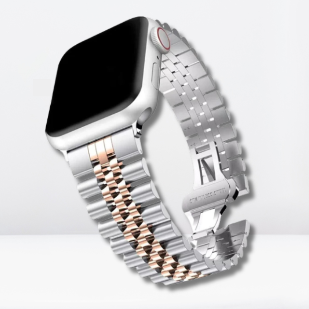 Vintage Dual-Shade Stainless Steel iWatch Strap with Bumper Case (Silver-RoseGold)
