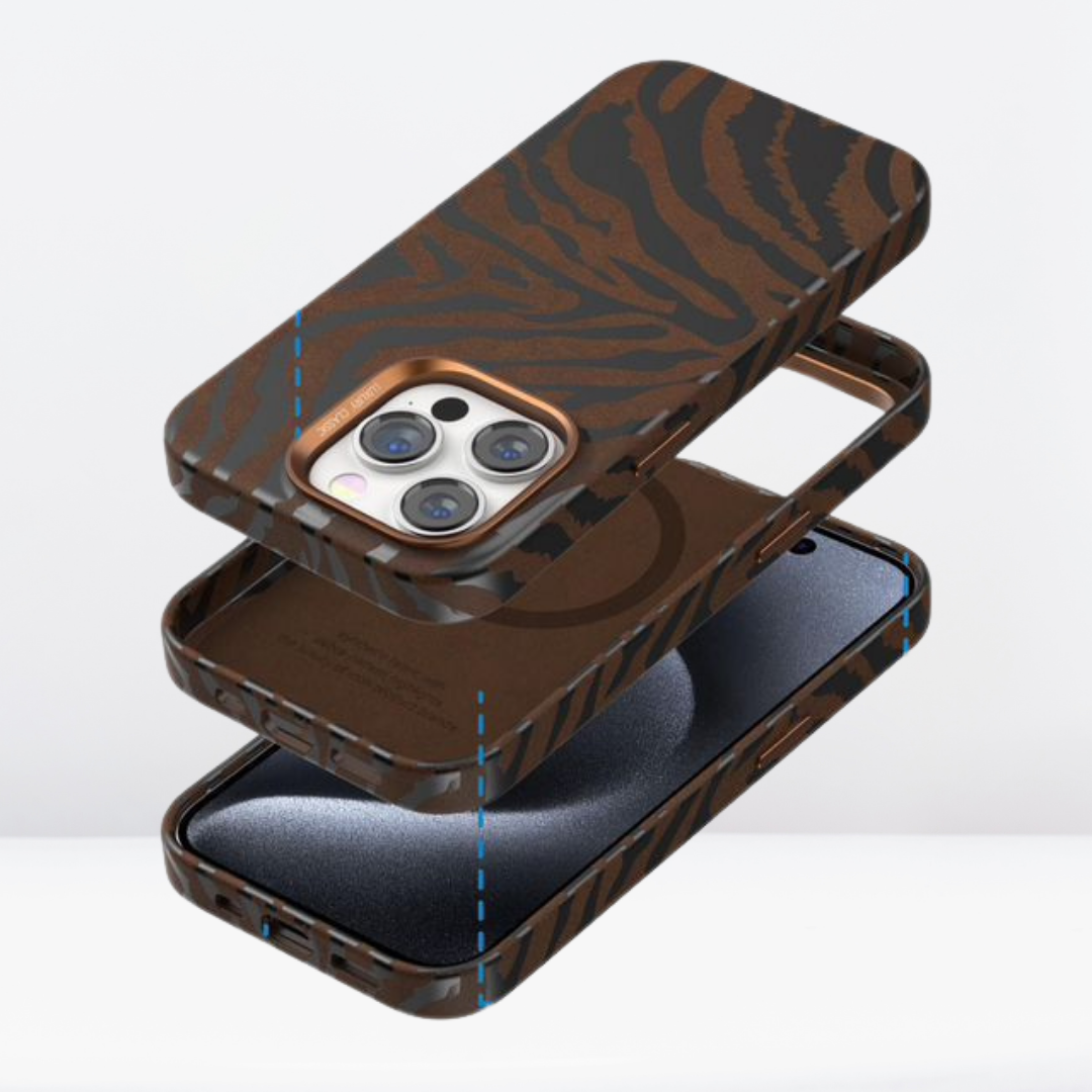 Zebra Print Microfiber MagSafe Leather Case for iPhone 15 series.