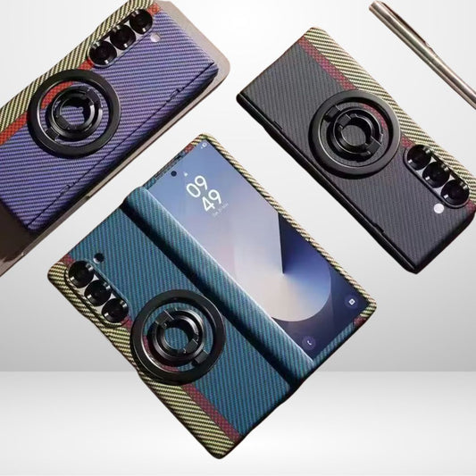 Carbon Fiber Hinge Case with Magnetic Metal Stand & Front Glass for Samsung Galaxy Z Fold6 & Fold7
