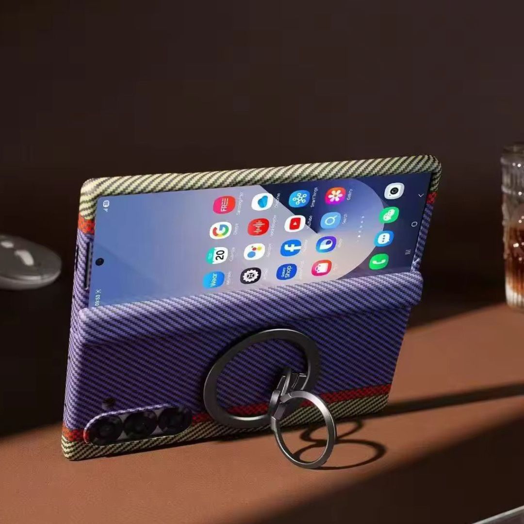 Carbon Fiber Hinge Case with Magnetic Metal Stand & Front Glass for Samsung Galaxy Z Fold6 & Fold7