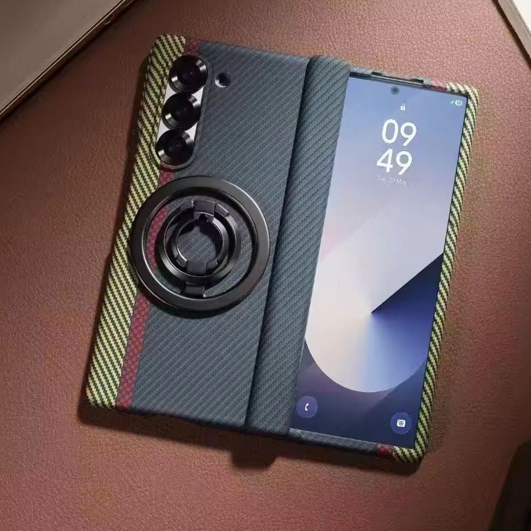 Carbon Fiber Hinge Case with Magnetic Metal Stand & Front Glass for Samsung Galaxy Z Fold6 & Fold7