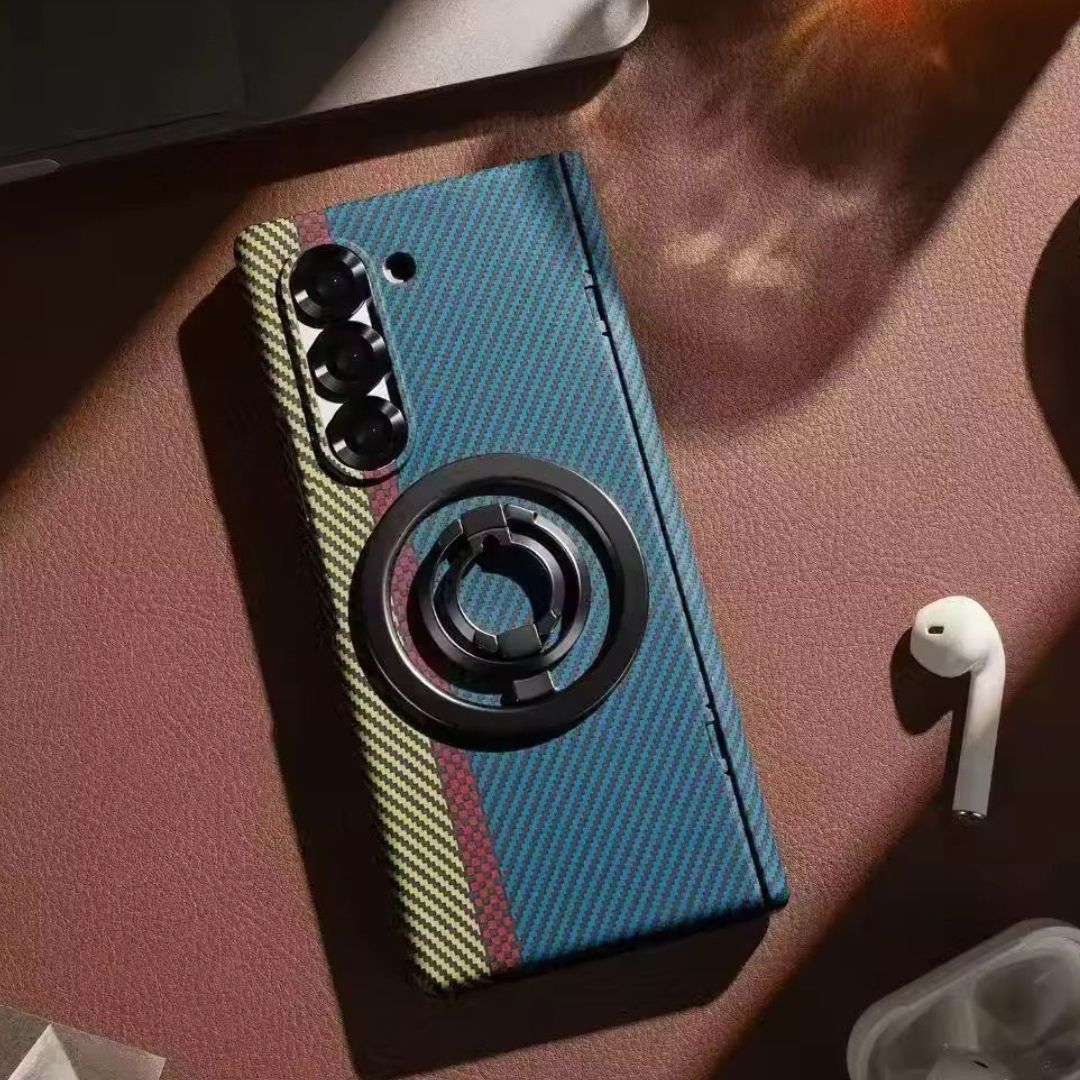 Carbon Fiber Hinge Case with Magnetic Metal Stand & Front Glass for Samsung Galaxy Z Fold6 & Fold7