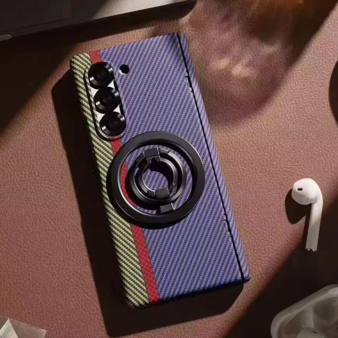Carbon Fiber Hinge Case with Magnetic Metal Stand & Front Glass for Samsung Galaxy Z Fold6 & Fold7