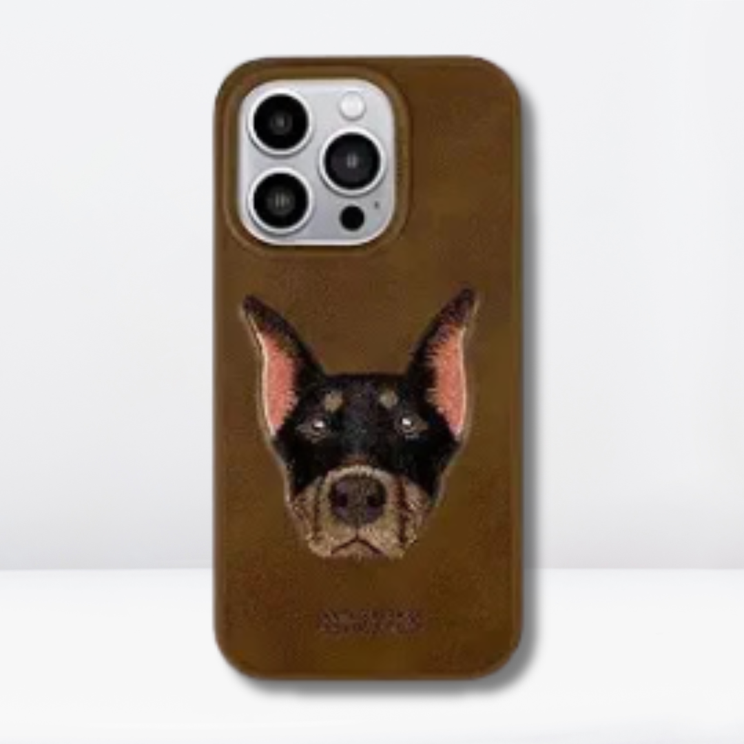 Curtis Series Embroidered Faux Leather Dog Face Case for iPhone 13 Pro Max