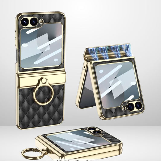 GKK Cushion Leather Case with Magnetic Hinge, Ring Holder & Back Screen Glass for the Samsung Galaxy Z Flip 6