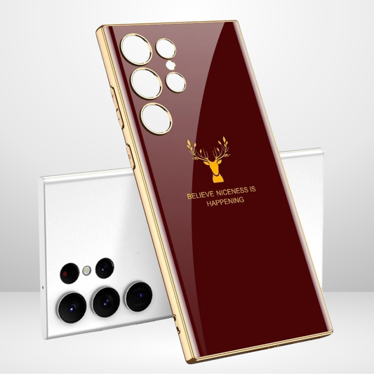 Gold Edge Deer Back Case for Samsung Galaxy S25 Ultra – Glossy Maroon