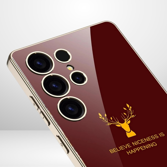 Gold Edge Deer Back Case for Samsung Galaxy S25 Ultra – Glossy Maroon