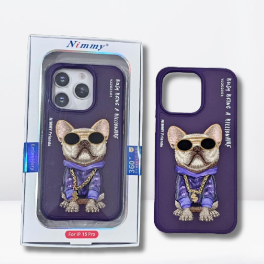 Nimmy 3D Pug Leather Mobile Case for iPhone 15/Pro/Pro Max (Purple)