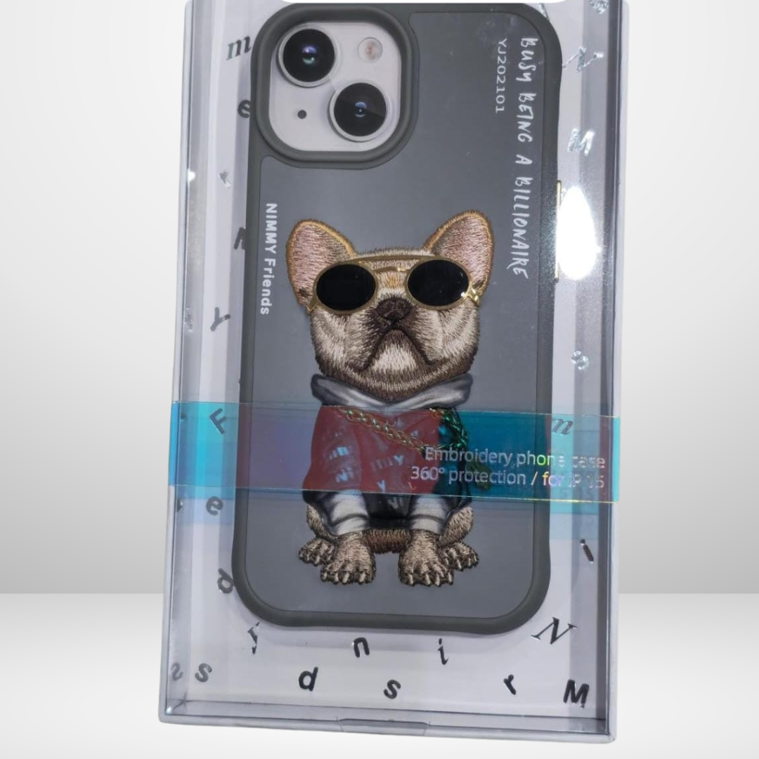 Nimmy 3D Pug Leather Mobile Case for iPhone 15 Serires (Grey)