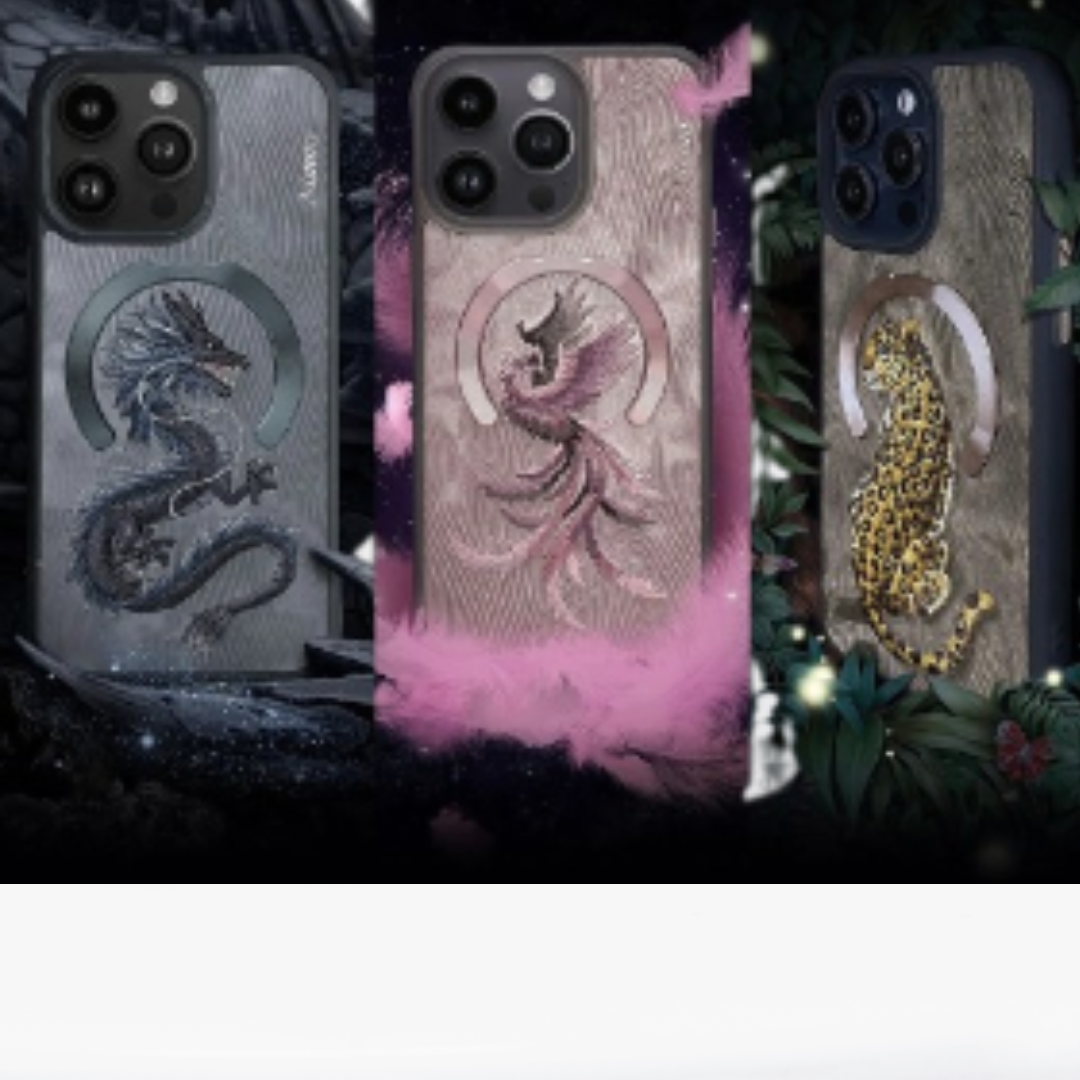 Premium 3D Embroidered Fantasy Animal Series Leather MagSafe Case for iPhone 15 Series( Black Dragon)