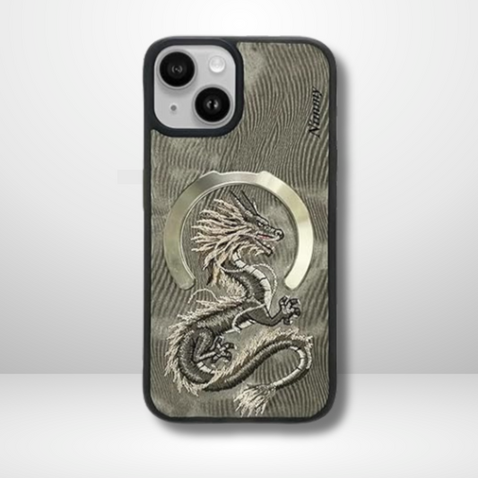 Premium 3D Embroidered Fantasy Animal Series Leather MagSafe Case for iPhone 15 Series( Gold Dragon)