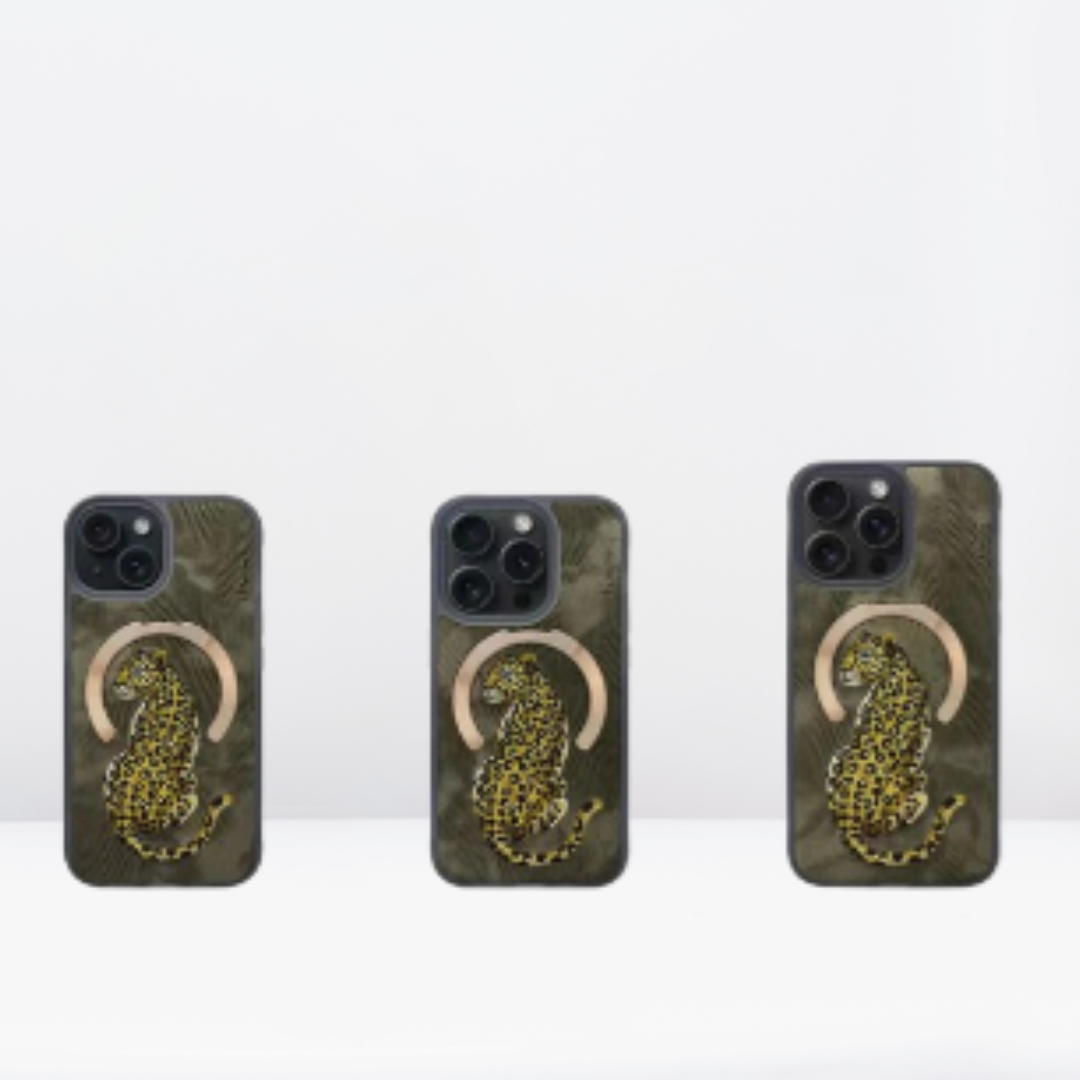 Premium 3D Embroidered Fantasy Animal Series Leather MagSafe Case for iPhone 15 Series( Golden Leopard)