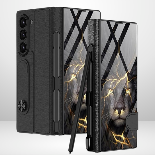 Premium Leather Glass Lion Case with S-Pen Holder Flip Case for Samsung Galaxy Z Fold 6