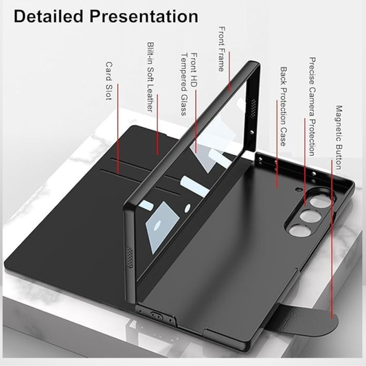 Premium Leather Glass Lion Case with S-Pen Holder Flip Case for Samsung Galaxy Z Fold 6