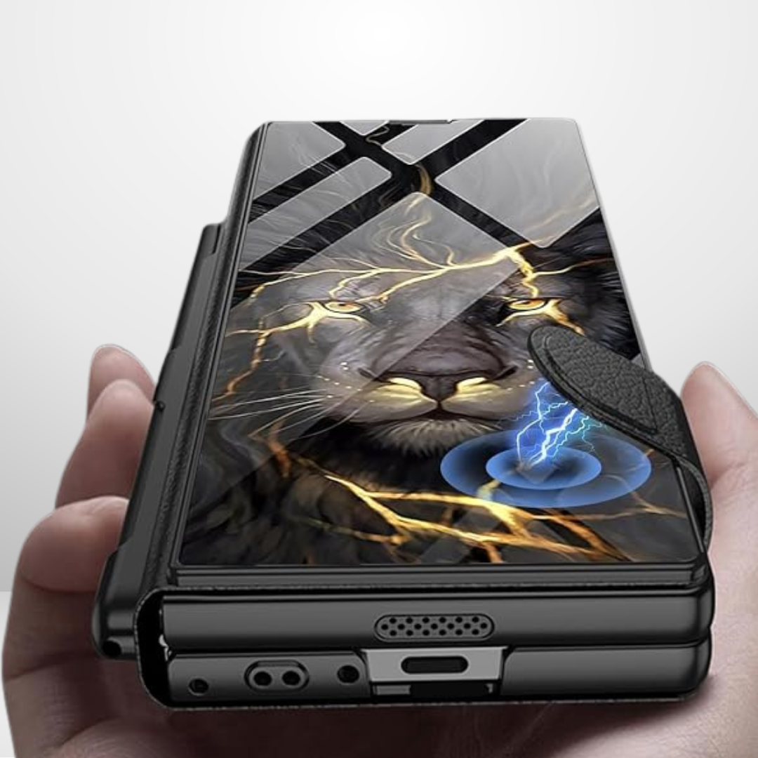 Premium Leather Glass Lion Case with S-Pen Holder Flip Case for Samsung Galaxy Z Fold 6