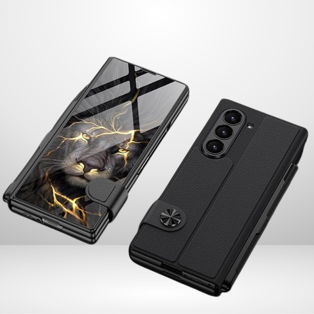 Premium Leather Glass Lion Case with S-Pen Holder Flip Case for Samsung Galaxy Z Fold 6