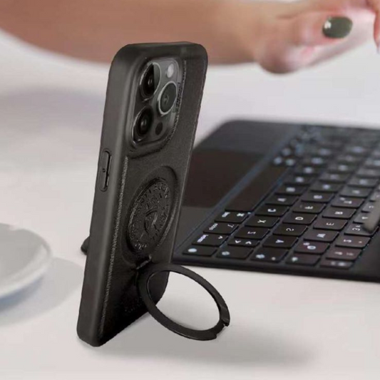 Premium SB Polo Primo Leather iPhone Case with Metal Stand for iPhone15 series (BLACK)