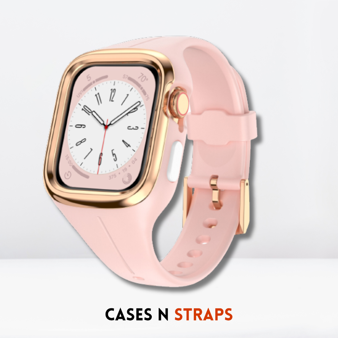 Silicone Strap Band + Stainless Steel Case Cover For iWatch Pink Color