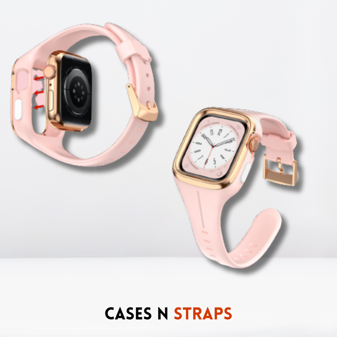 Silicone Strap Band + Stainless Steel Case Cover For iWatch Pink Color