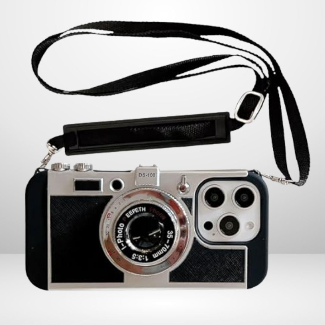 Silicone Vintage Camera Case with Removable Neck Strap Lanyard for iPhone 15/16 series