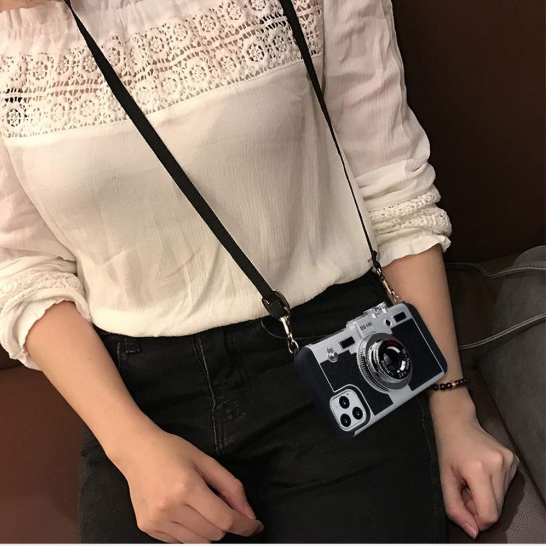 Silicone Vintage Camera Case with Removable Neck Strap Lanyard for iPhone 15/16 series